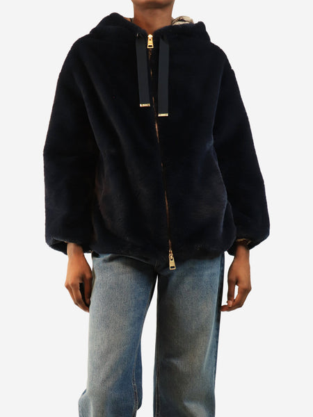 Navy faux fur hooded zip jacket - size UK 6 product image