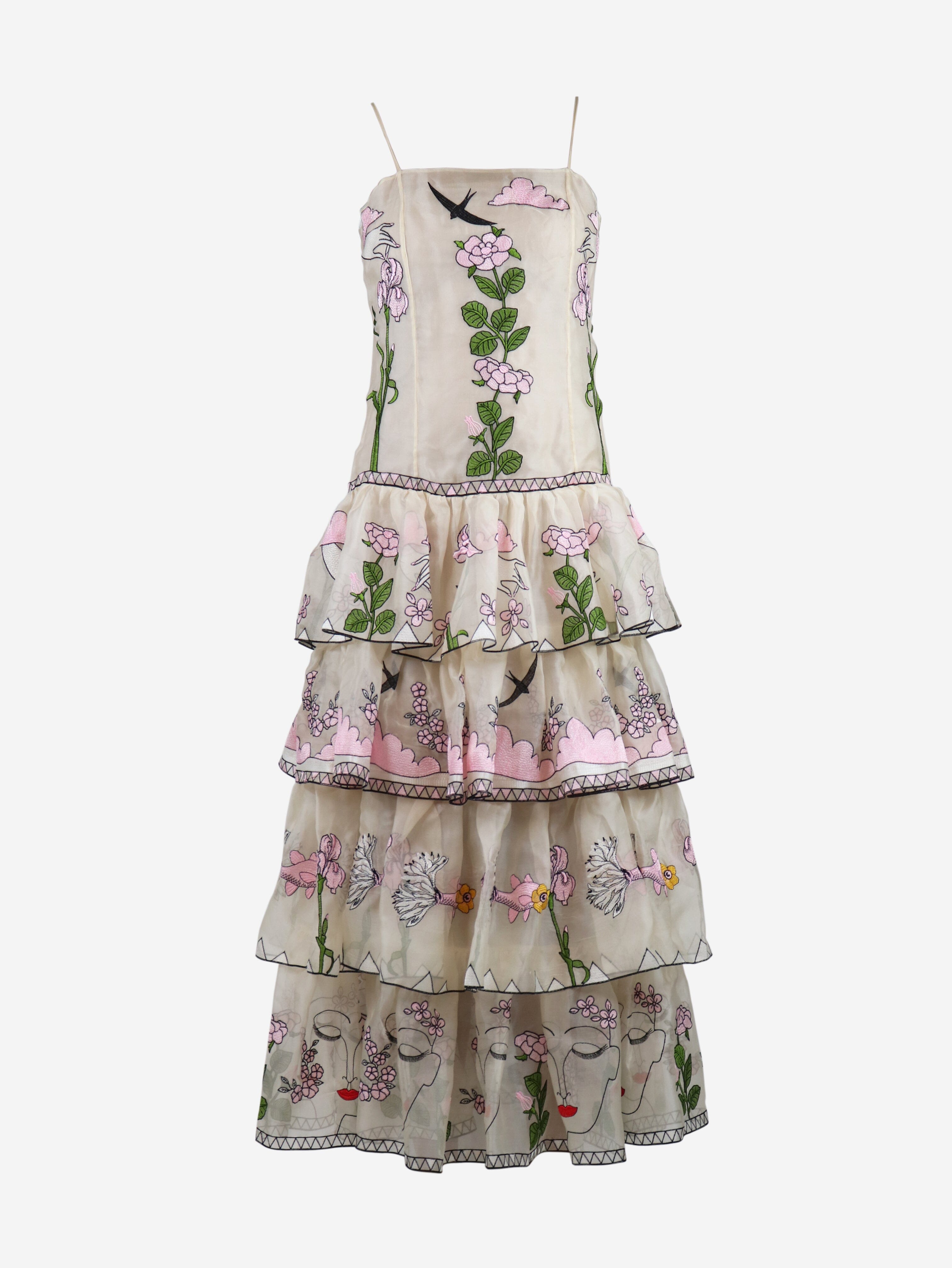 Cream floral embroidered satin midi dress - size UK 6 Dresses Vivetta 