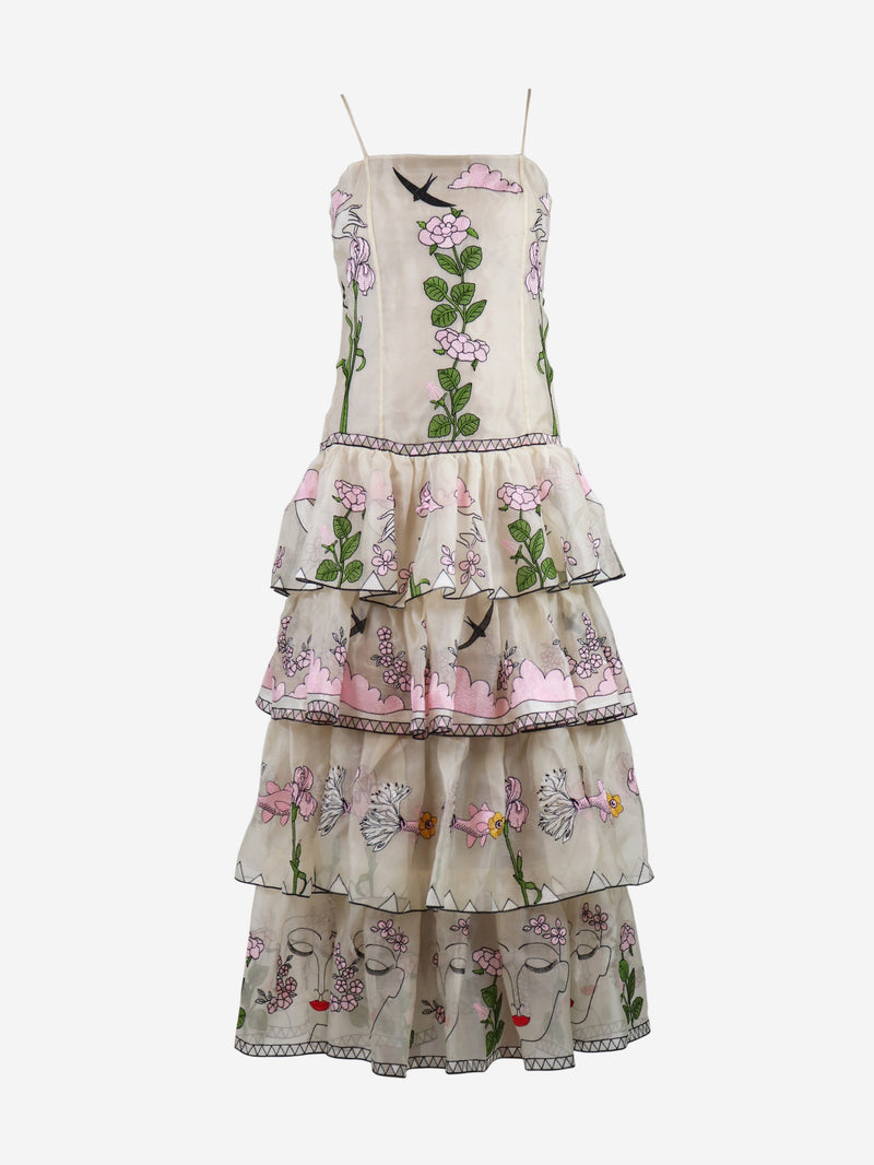 Cream floral embroidered satin midi dress - size UK 6 Dresses Vivetta 