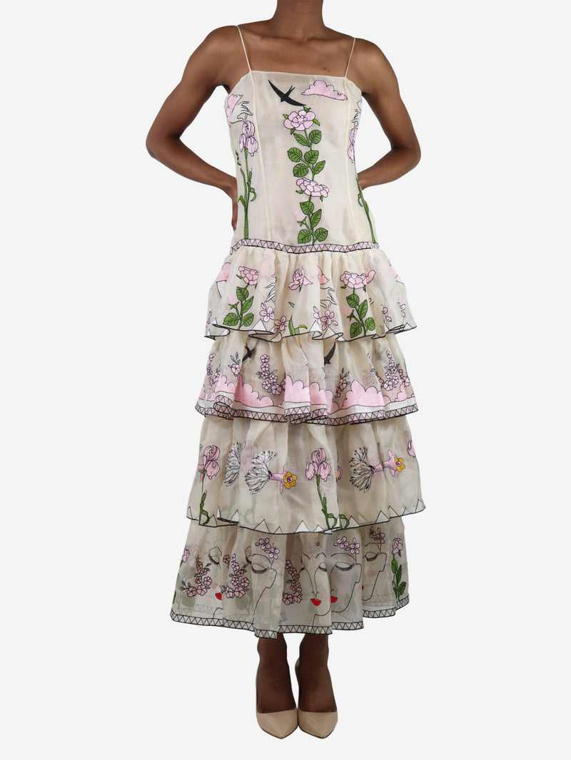 floral embroidered satin midi dress