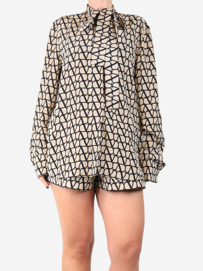 Brown V logo crep de chine silk blouse - size UK 16 Tops Valentino 