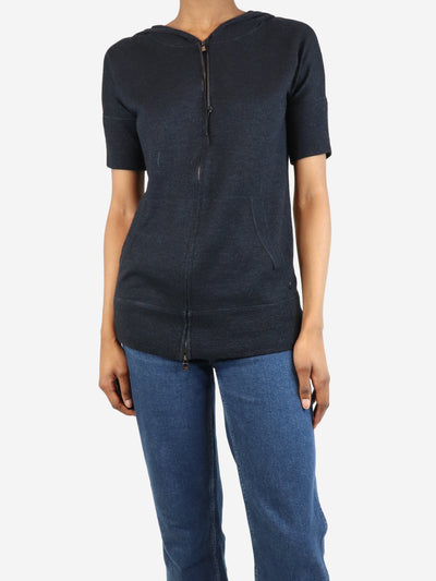 Blue short-sleeved cashmere hoodie - size UK 6