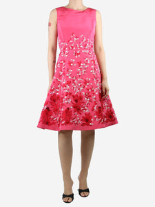 Oscar De La Renta Pink sleeveless silk floral applique midi dress - size UK 10