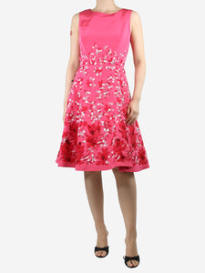 Oscar De La Renta Pink sleeveless silk floral applique midi dress - size UK 10