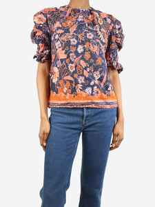 Ulla Johnson Navy blue floral ruched-sleeved top - size UK 6