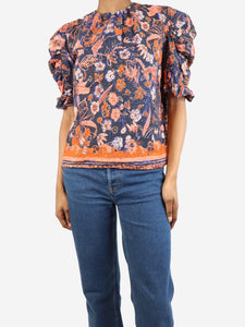 Ulla Johnson Navy blue floral ruched-sleeved top - size UK 6