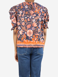 Ulla Johnson Navy blue floral ruched-sleeved top - size UK 6