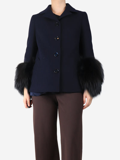 Navy wool-blend fur-trim jacket - size UK 10 Coats & Jackets Prada 