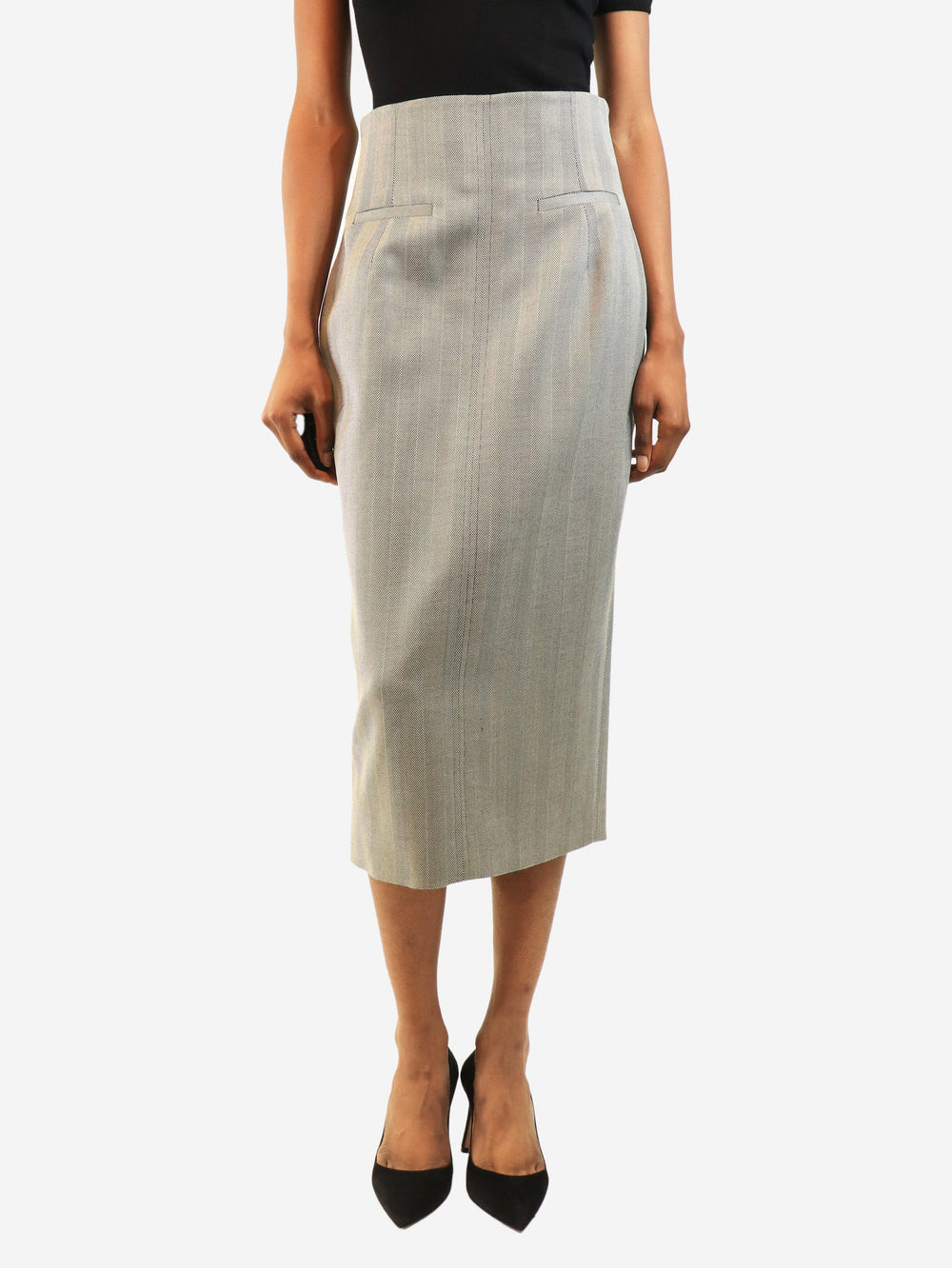 Grey Herringbone wool midi skirt - size UK 10 Skirts Racil 