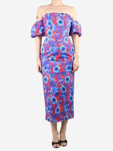 Borgo De Nor Blue off-shoulder floral-printed fitted midi dress - size UK 10