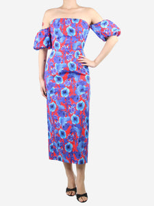 Borgo De Nor Blue off-shoulder floral-printed fitted midi dress - size UK 10