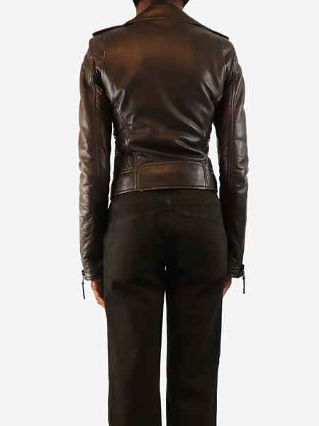 Brown leather biker jacket - size UK 8 alternate image