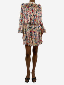 Doen Multi floral-printed ruffle silk mini dress - size XS