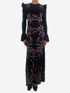 Hayley Menzies Black ruffle-trimmed floral-printed maxi dress - size XS