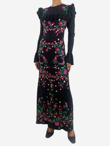 Hayley Menzies Black ruffle-trimmed floral-printed maxi dress - size XS