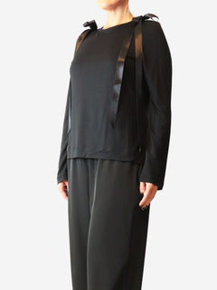 Black long-sleeved bow detail top - size M