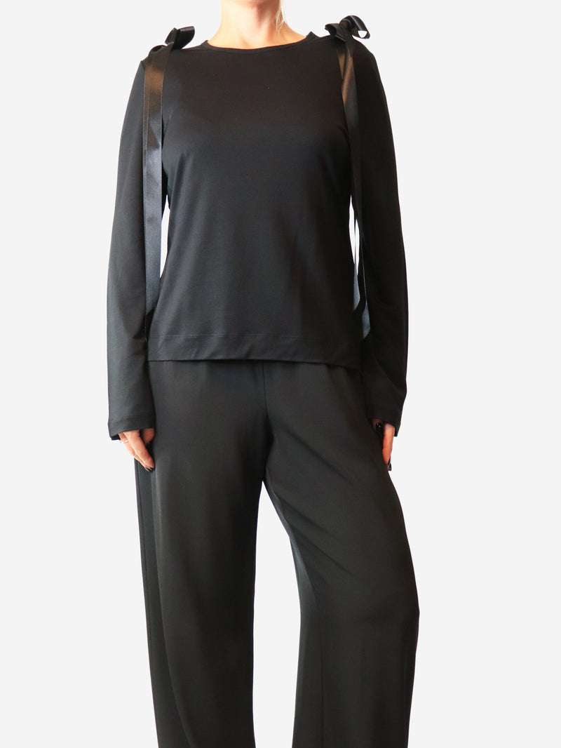 Black long-sleeved bow detail top - size M