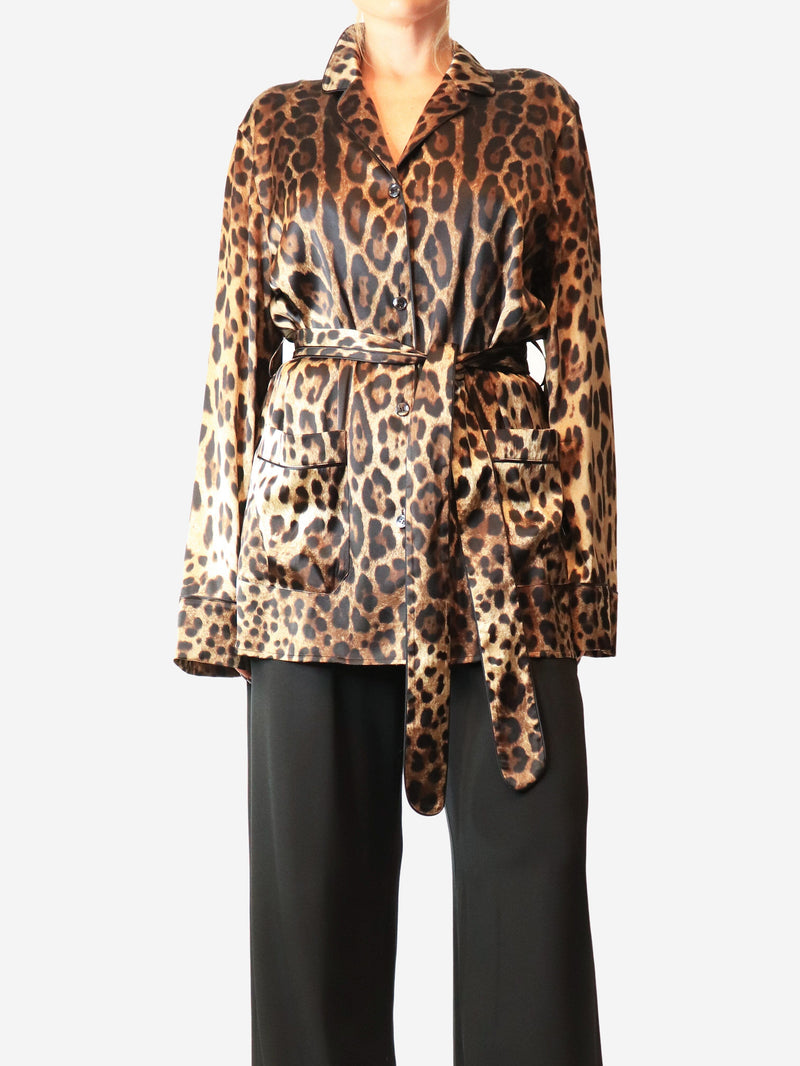 Brown leopard-print silk blouse with belt - size UK 12 Tops Dolce & Gabbana 