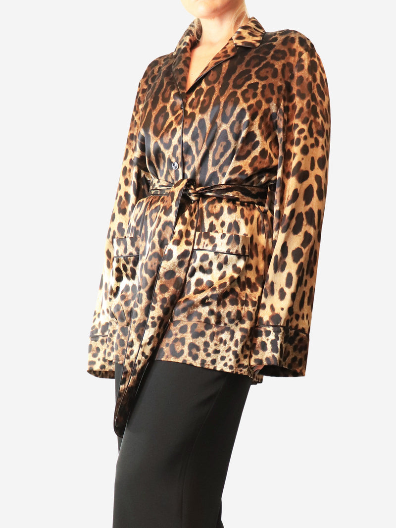 Brown leopard-print silk blouse with belt - size UK 12 Tops Dolce & Gabbana 
