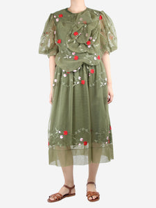 Simone Rocha Green puff-sleeved bejewelled floral-embroidered midi dress - size UK 12