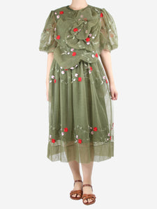 Simone Rocha Green puff-sleeved bejewelled floral-embroidered midi dress - size UK 12