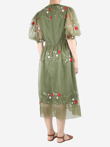 Simone Rocha Green puff-sleeved bejewelled floral-embroidered midi dress - size UK 12