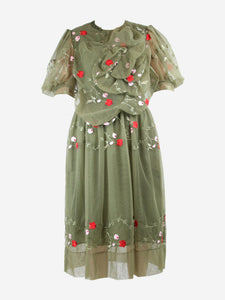 Simone Rocha Green puff-sleeved bejewelled floral-embroidered midi dress - size UK 12