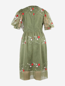 Simone Rocha Green puff-sleeved bejewelled floral-embroidered midi dress - size UK 12