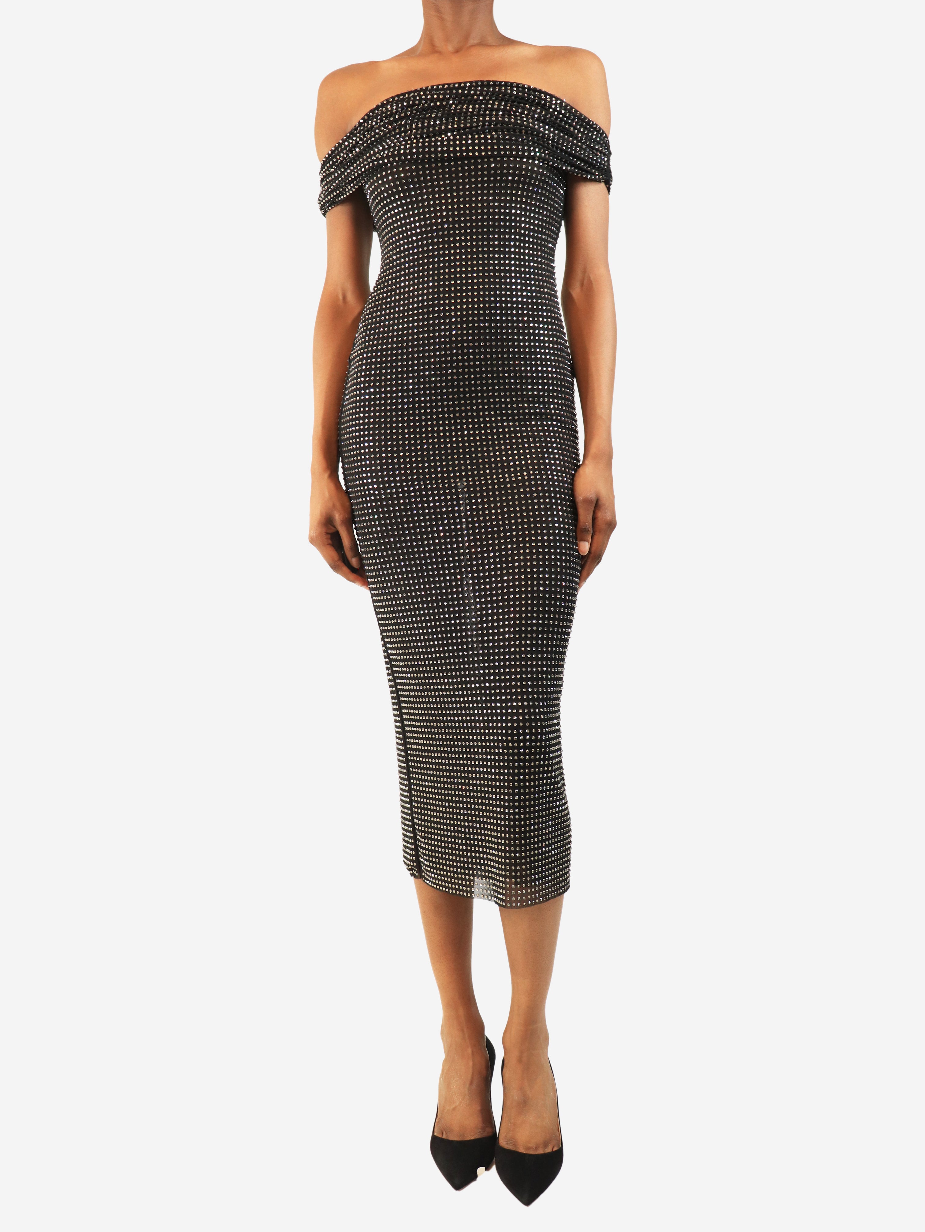 Black Hotfix rhinestone embellished midi dress - size UK 8