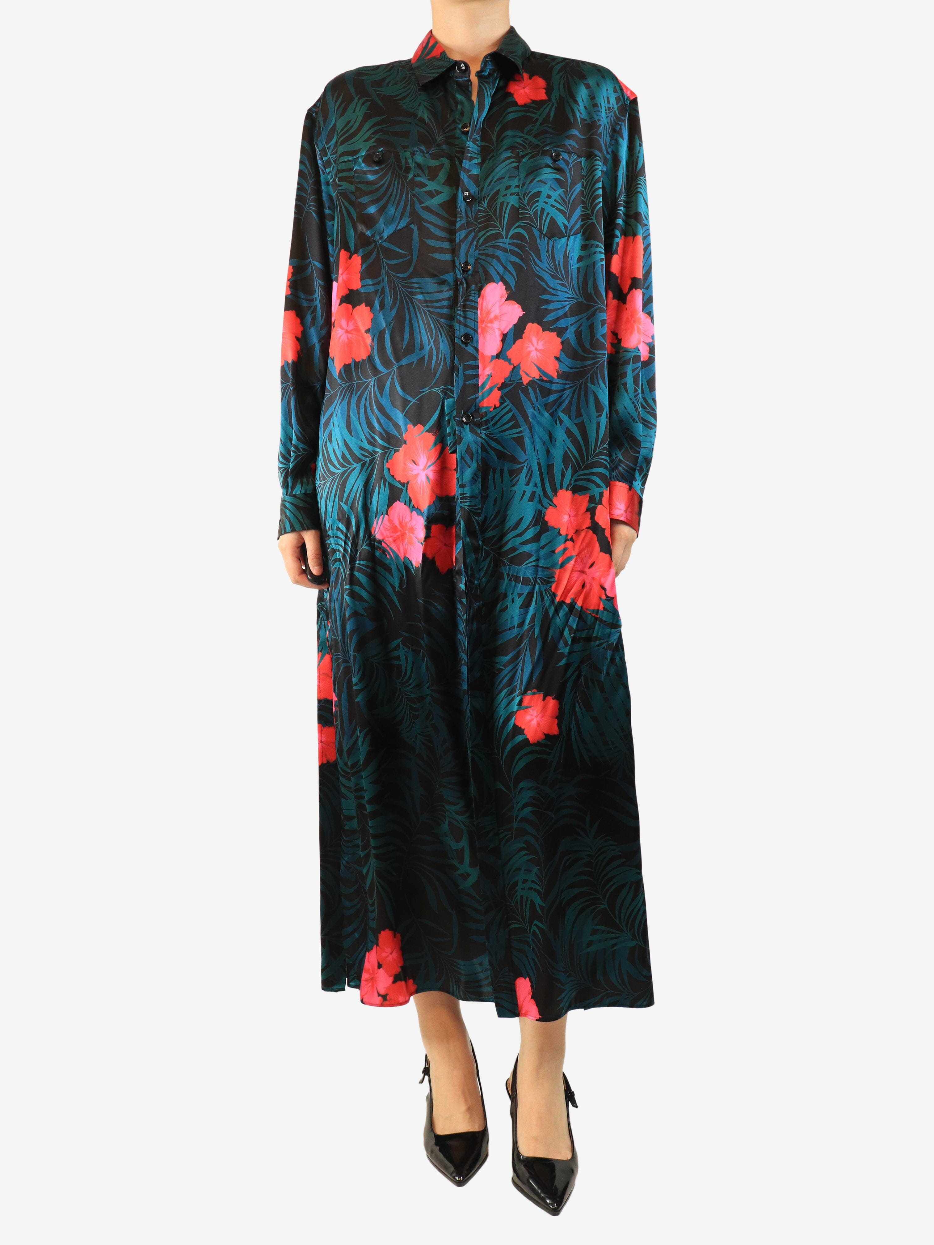 Black and teal silk floral printed shirt dress - size S Dresses Saint Laurent 
