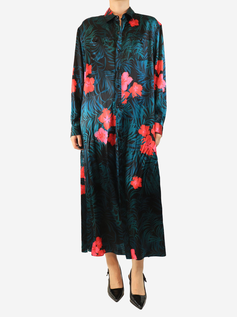 Black and teal silk floral printed shirt dress - size S Dresses Saint Laurent 