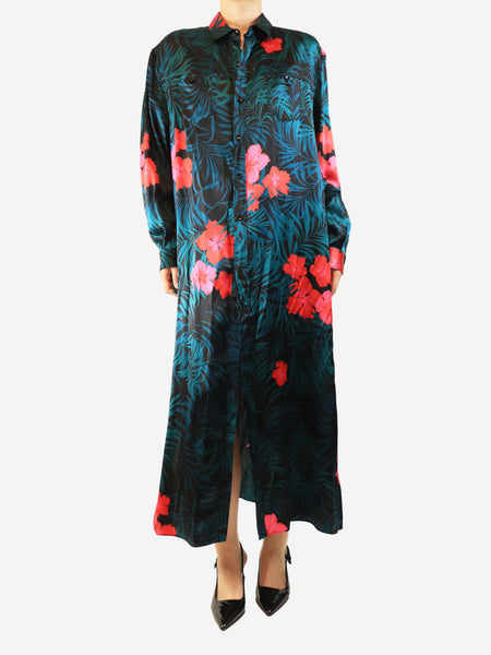 Black and teal silk floral printed shirt dress - size S product image