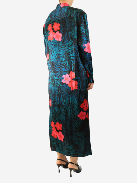 Black and teal silk floral printed shirt dress - size S alternate image