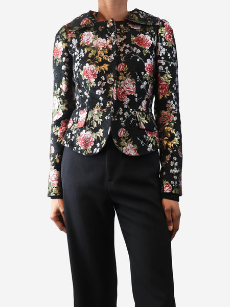 Black silk floral frill blouse - size UK 4 product image