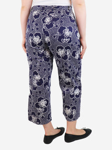 Dries Van Noten White and navy floral wide-leg trousers - size UK 12