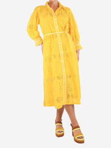 Muzungu Sisters Yellow belted broderie midi dress - size M