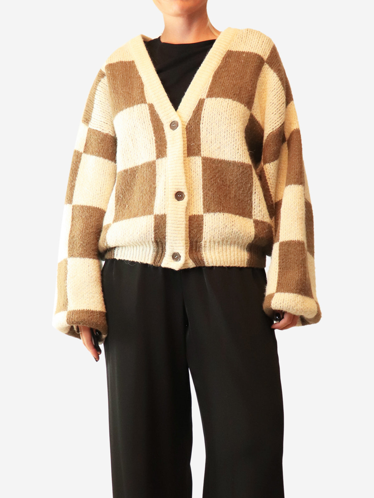 Brown and cream checkered knit cardigan - size L