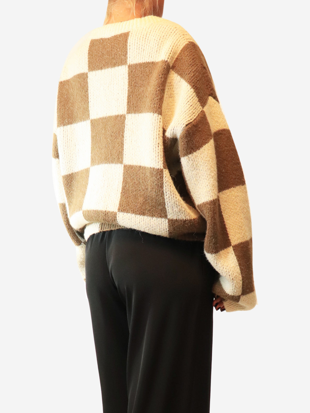 Brown and cream checkered knit cardigan - size L