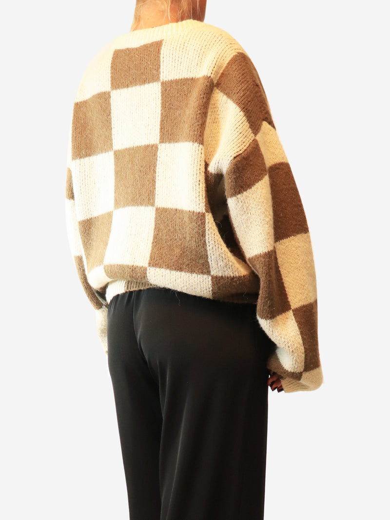 Brown and cream checkered knit cardigan - size L