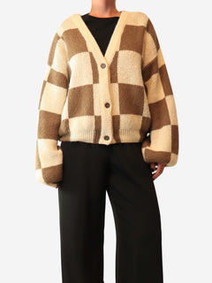 Brown and cream checkered knit cardigan - size L