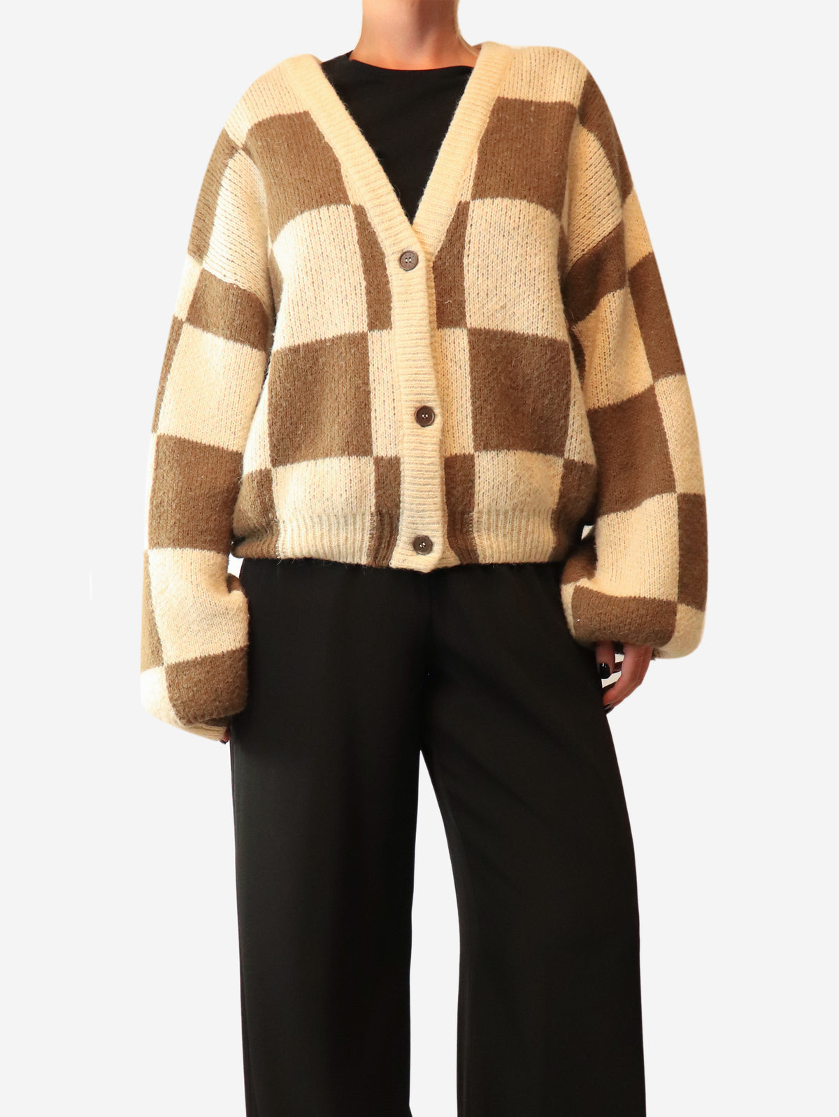 Brown and cream checkered knit cardigan - size L