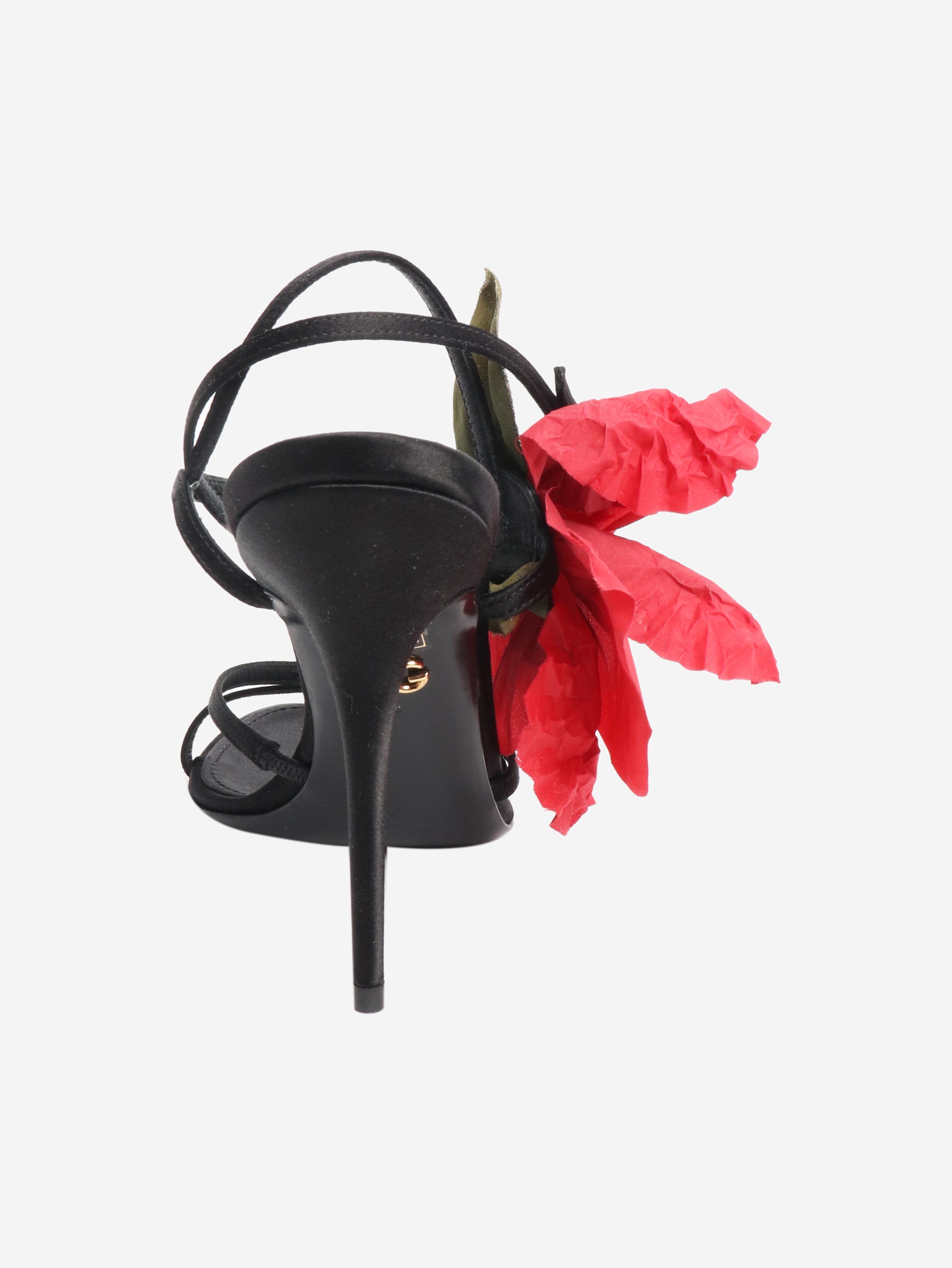 Black flower detail satin heels - size EU 38 (UK 5) Heels Dolce & Gabbana 