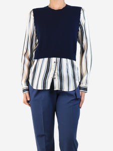 Veronica Beard Navy cashmere jumper with silk stripe sleeve - size M