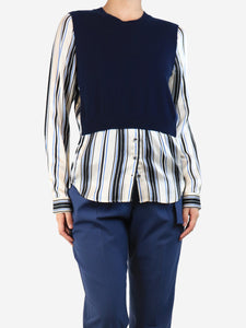 Veronica Beard Navy cashmere jumper with silk stripe sleeve - size M