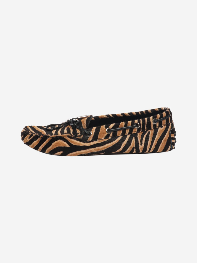 Brown tiger print pony hair Gommino loafers - size EU 38.5 (UK 5.5) Flat Shoes Tods 