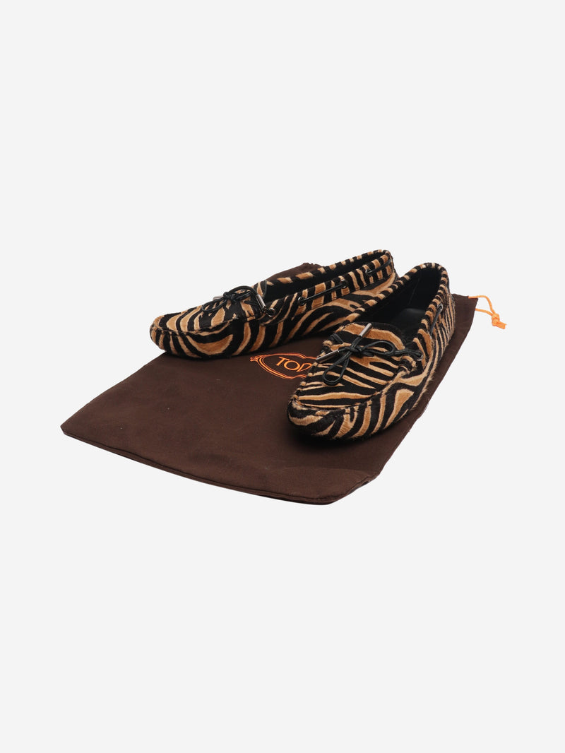 Brown tiger print pony hair Gommino loafers - size EU 38.5 (UK 5.5) Flat Shoes Tods 