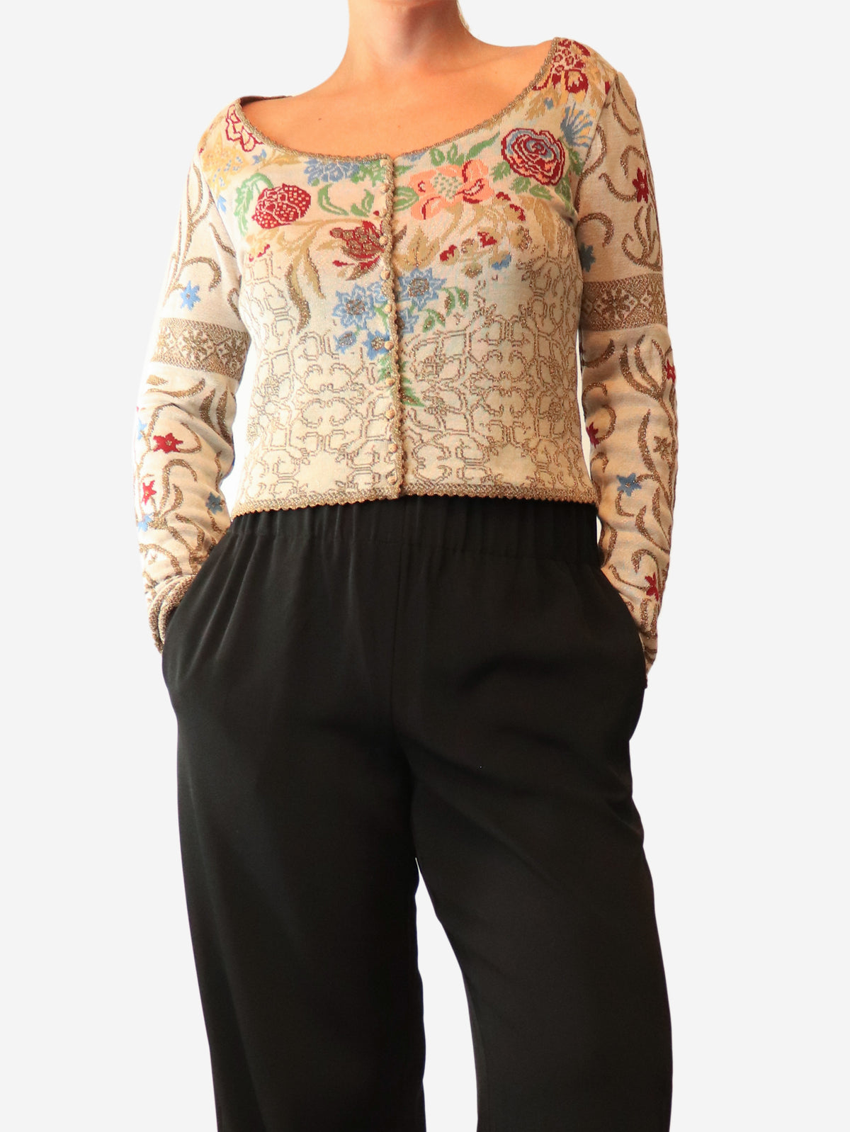 Multi lurex round neck knit button down