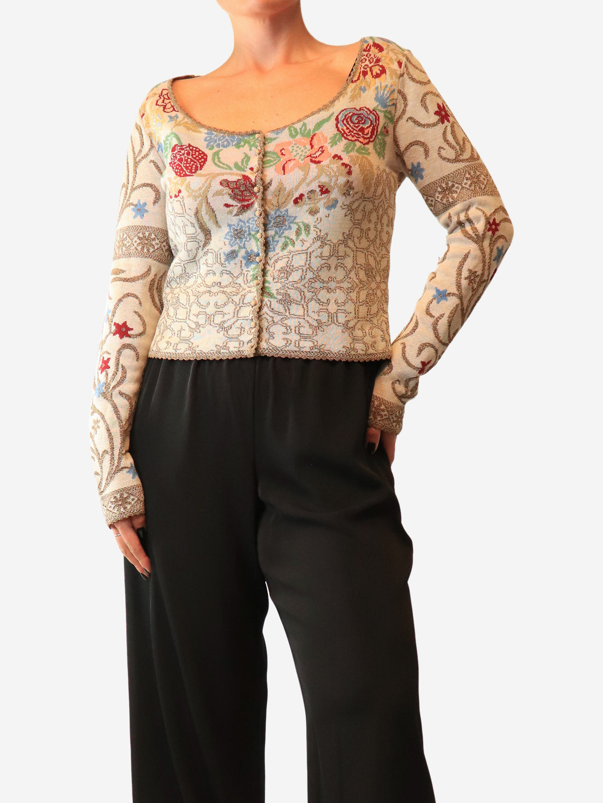 Multi lurex round neck knit button down