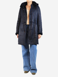 Fratelli Rossetti Navy blue leather hooded duffle coat - size UK 10