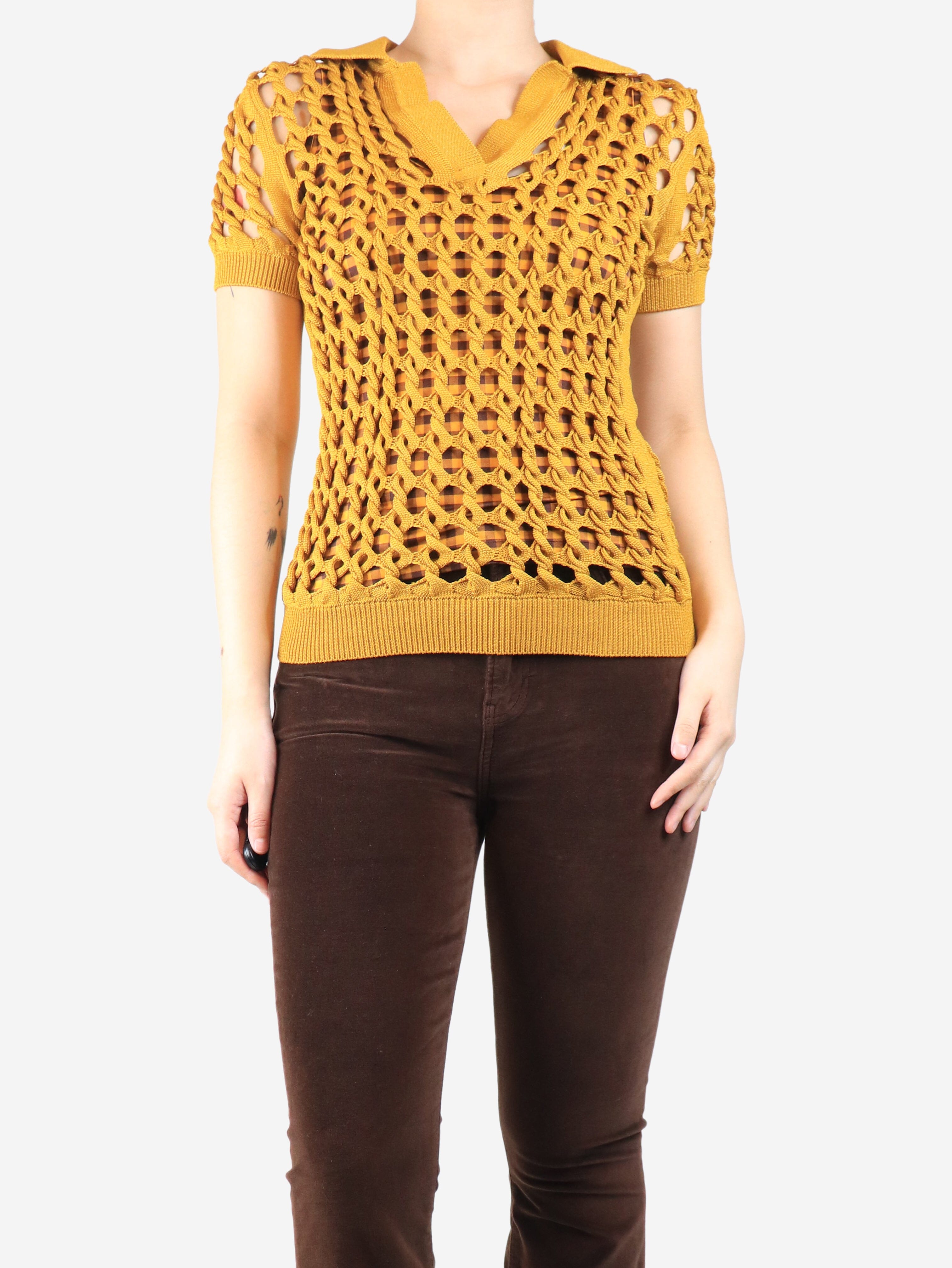 Honey mustard crochet-knit polo shirt two piece - size UK 10 Sets Fendi 